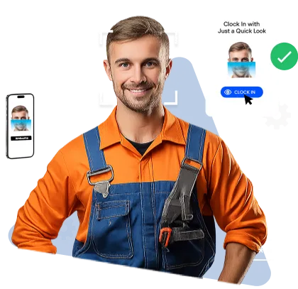 Smiling male worker in an orange shirt and blue overalls using facial recognition to clock in via a mobile app interface.