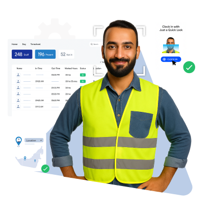 Smiling man in a yellow reflective safety vest standing with hands on hips, with digital interface elements showing staff attendance, location map, and clock-in feature in the background.