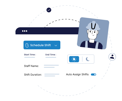 User interface for scheduling staff shifts showing fields for start time, end time, staff name, shift duration, a toggle for auto assign shifts, and icons for day and night shift selection.