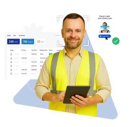 Smiling construction worker in a yellow safety vest holding a tablet, with digital attendance tracking and facial recognition graphics around him.
