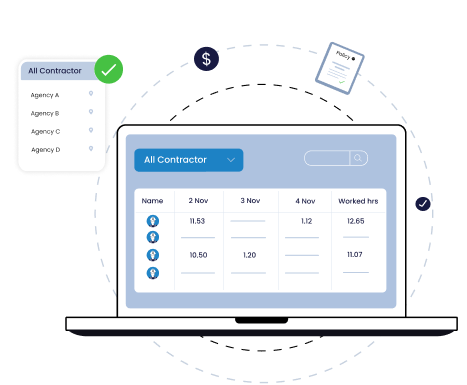Illustration of a laptop displaying a contractor work hours table with dates and worked hours, alongside a contractor filter menu with agencies listed and icons for money and policy.