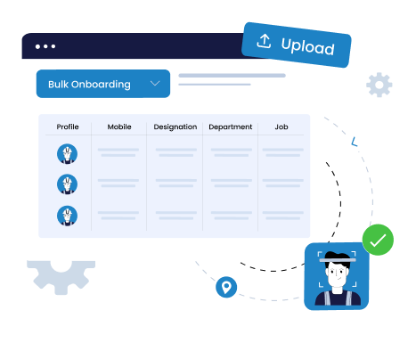 Illustration of a bulk onboarding interface with user profiles and an upload button, surrounded by icons for settings, time, users, and location.