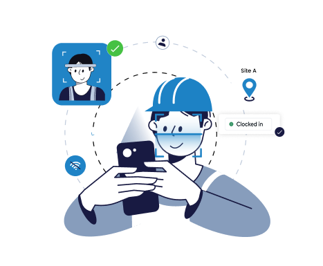 Illustration of a worker wearing a hard hat using a smartphone with icons showing facial recognition, location tagged as Site A, and confirmed clock-in status.