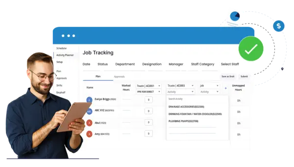 Man using tablet with job tracking dashboard screen