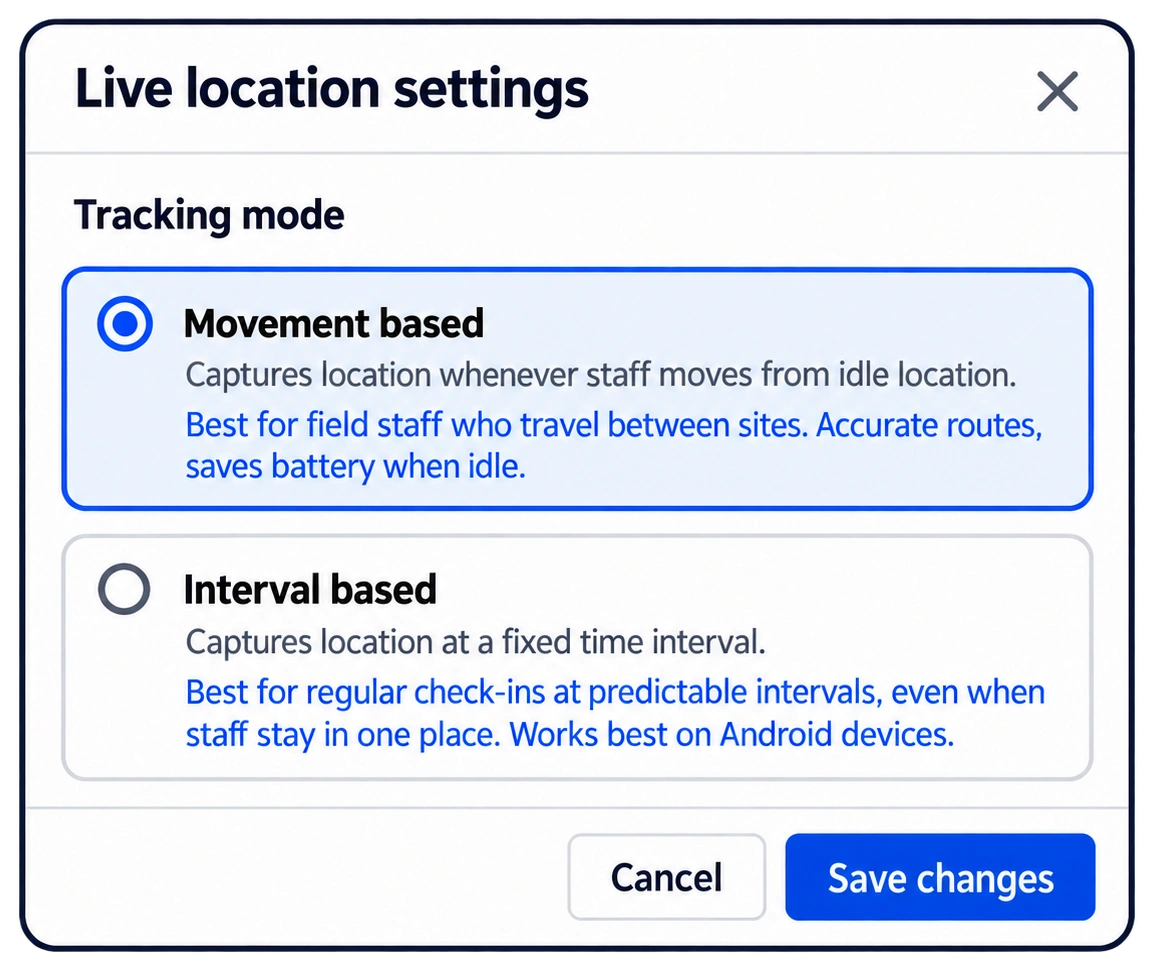 movement based and interval based tracking setting in truein