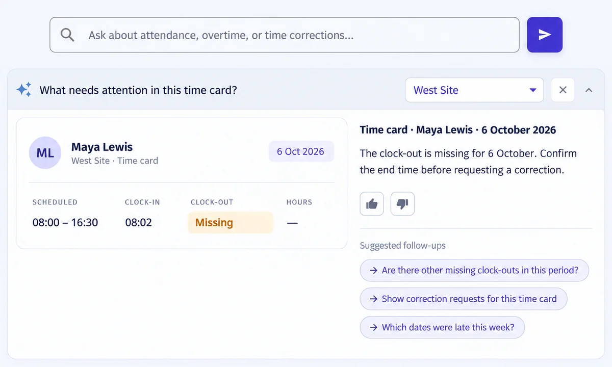 Truein time card beside a contextual answer explaining a missing clock-out and suggesting a follow-up question.