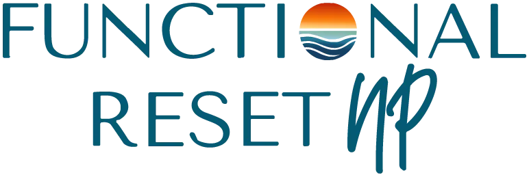 Text reading 'FUNCTIONAL RESET' with a stylized sunset and ocean replacing the letter 'O' and blue script initials 'MP' next to 'RESET'.
