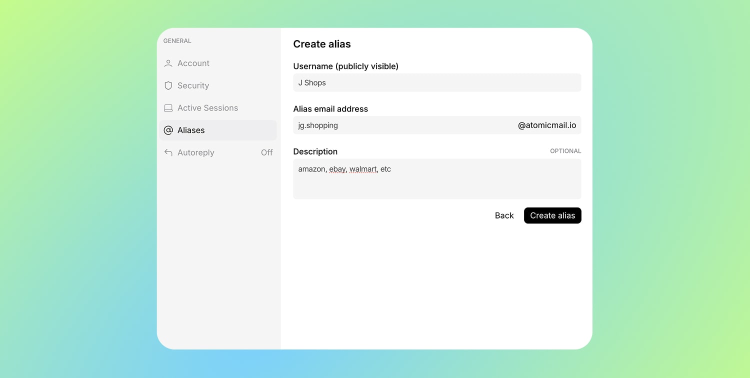 How to create and manage a free email alias in Atomic Mail