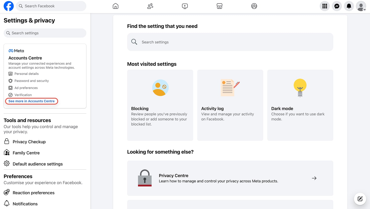 Look for the "Accounts Center" section.