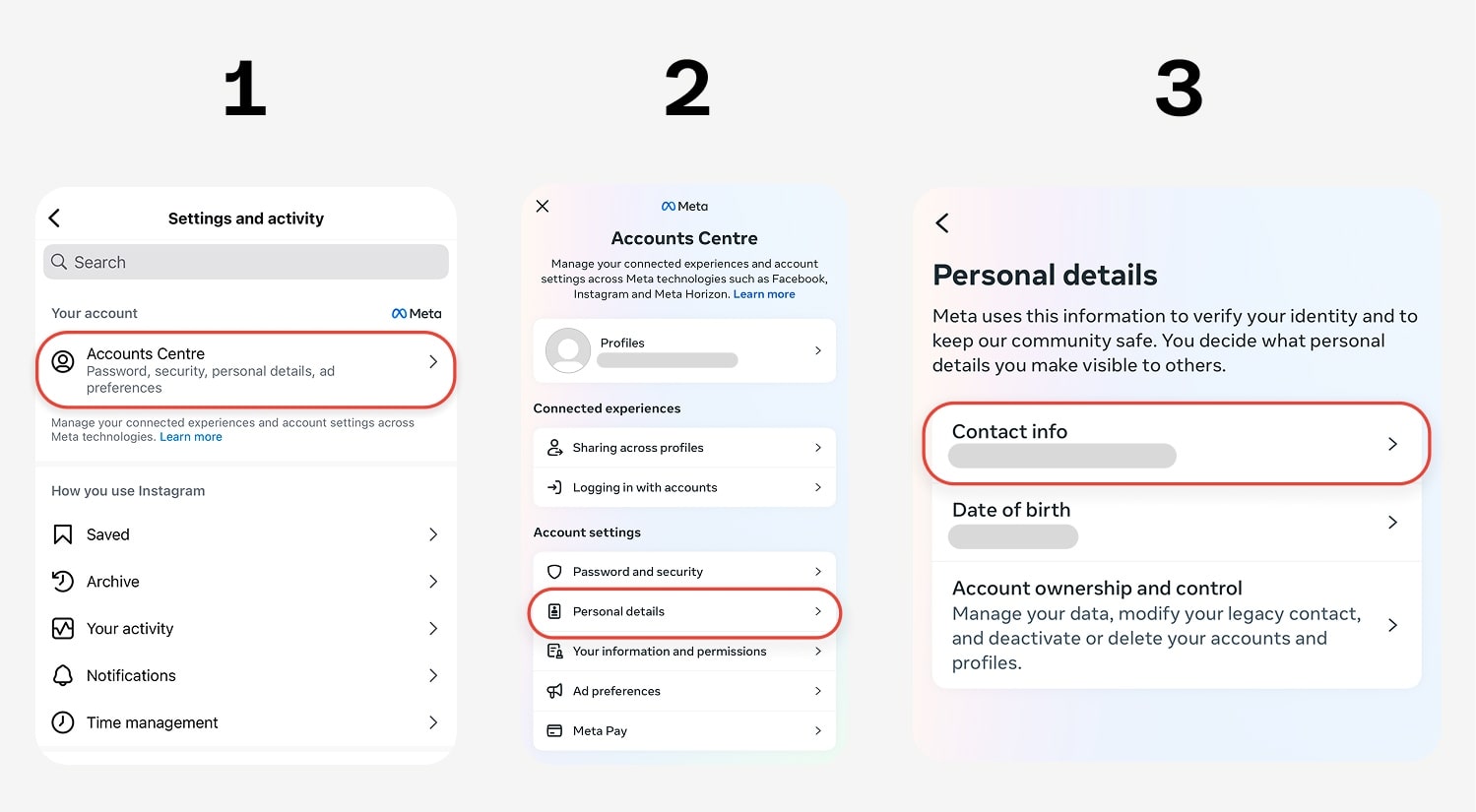 go to Account Center > Personal details > Contact info