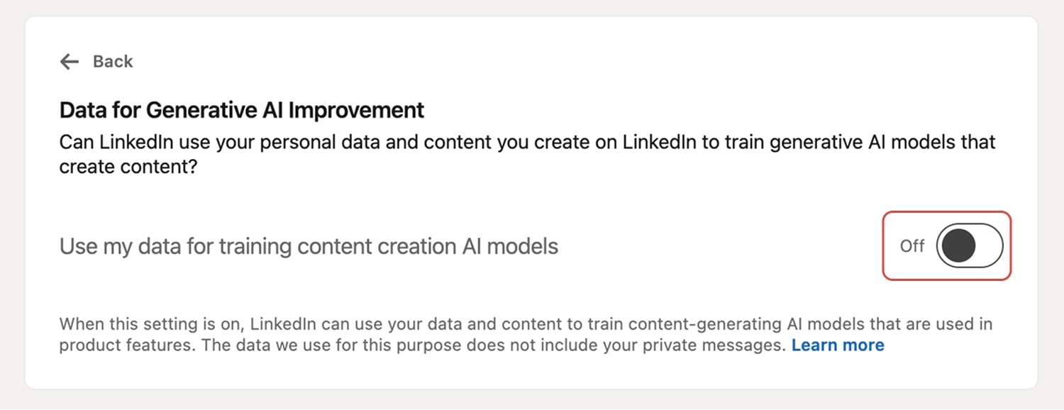 "Use my data for training content creation AI models" OFF.