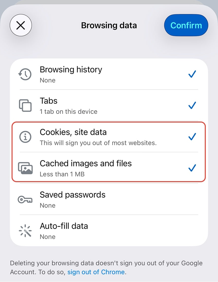 Check Cookies, Site Data (optionally Cached Images and Files for visuals)