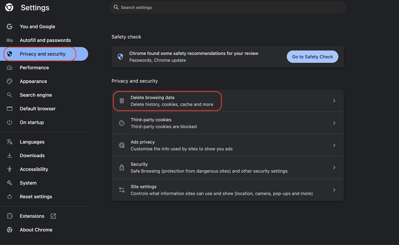 Privacy and security → Delete browsing data