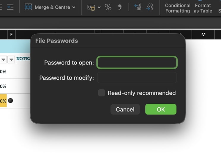 In the File Passwords window, enter a password in the Password to open field.