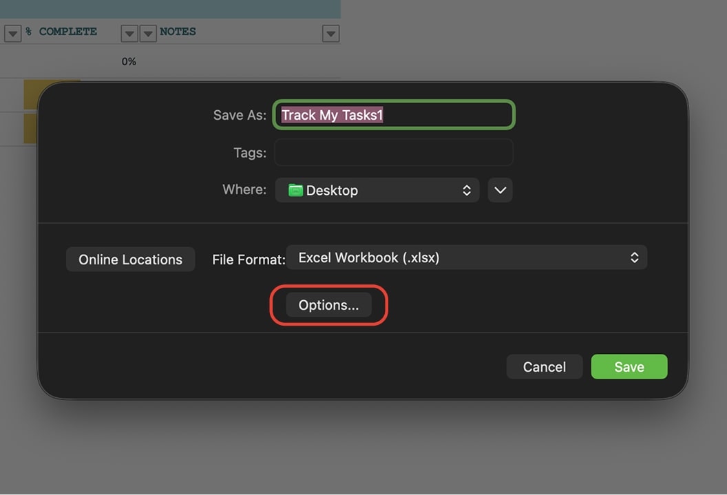 File → Save As → Options…