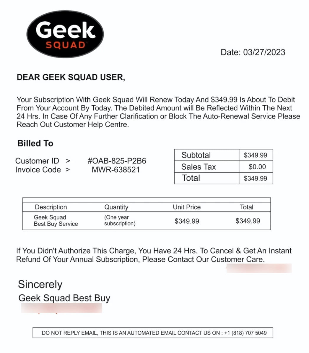 Geek Squad scamemail example
