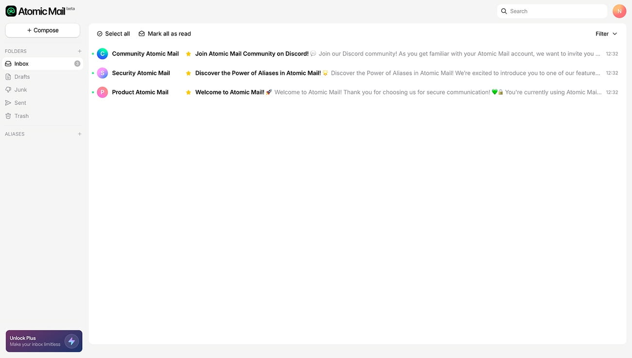 Atomic Mail interface