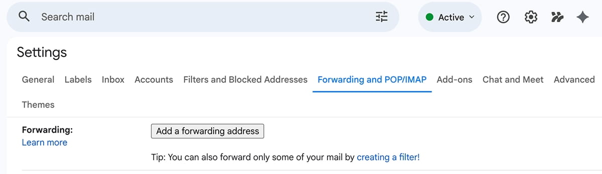 Gmail → Settings → Forwarding and POP/IMAP
