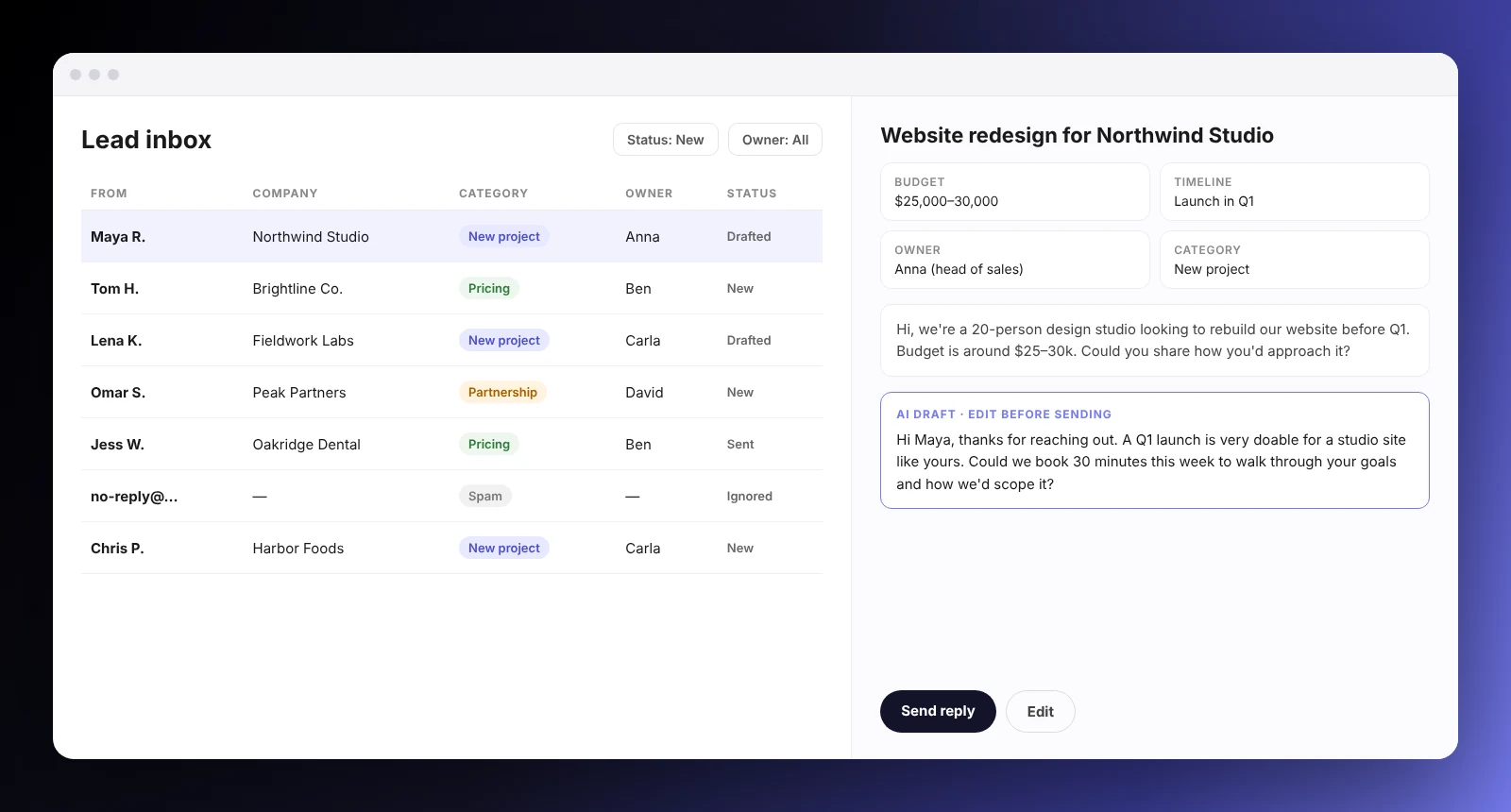 Mockup of a lead inbox app built with Lovable, showing a list of categorized leads with owners and a detail panel with an AI-drafted reply and a Send button