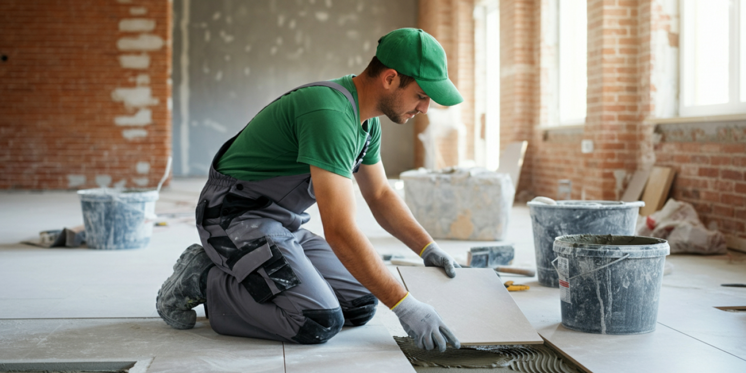 Ein Handwerker verlegt Fliesen in einem renovierungsbedürftigen Innenraum