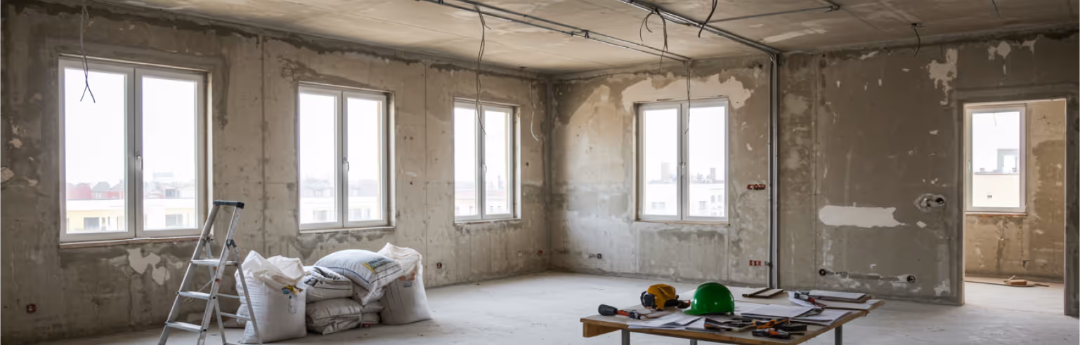 Innenraum einer Wohnung während der Sanierung mit Baustellenmaterial, Leiter und Werkzeugen