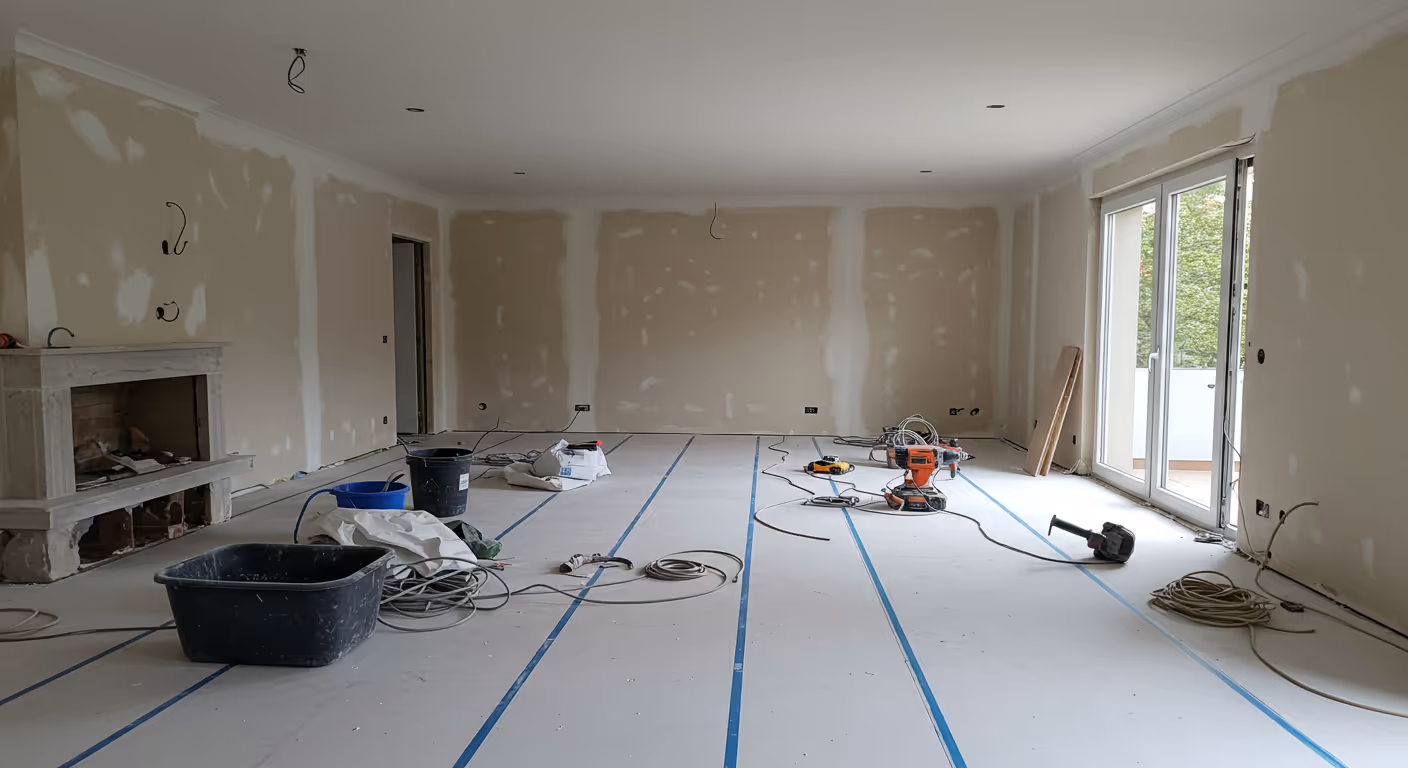 Großer leerer Raum im Umbauzustand mit blauen Schutzstreifen auf dem Boden, Baustellenwerkzeugen und elektrischen Kabeln.