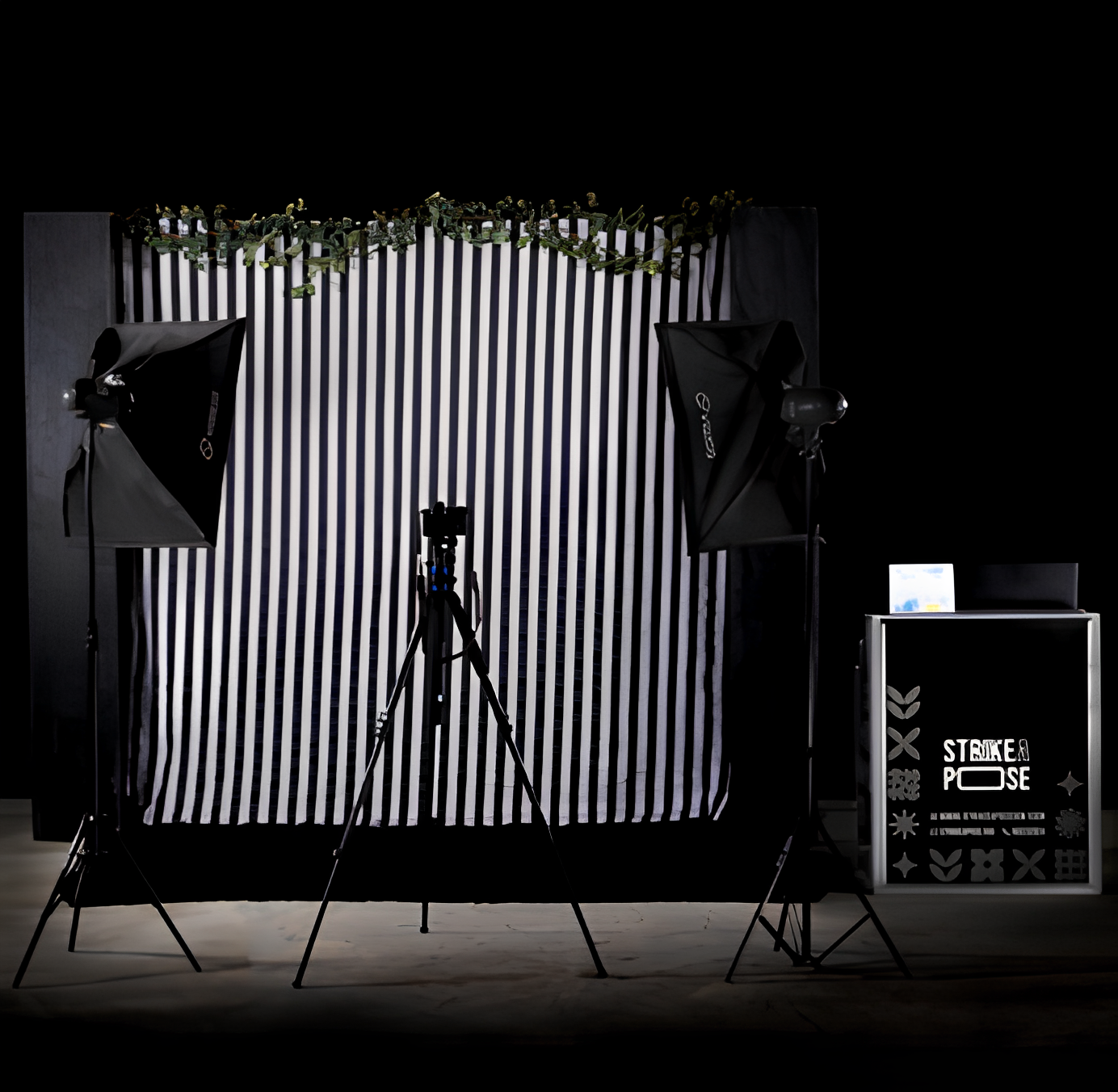 Photography studio setup with a black and white vertical striped backdrop, two softbox lights on stands, a camera on a tripod, and a black podium with text and decorations.