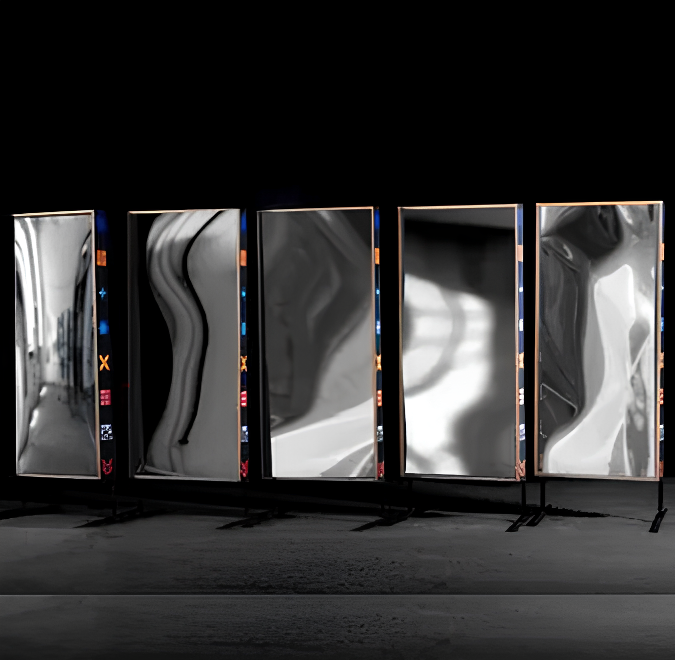 Five distorted mirrored panels with wavy reflections, standing on metal frames against a dark background.