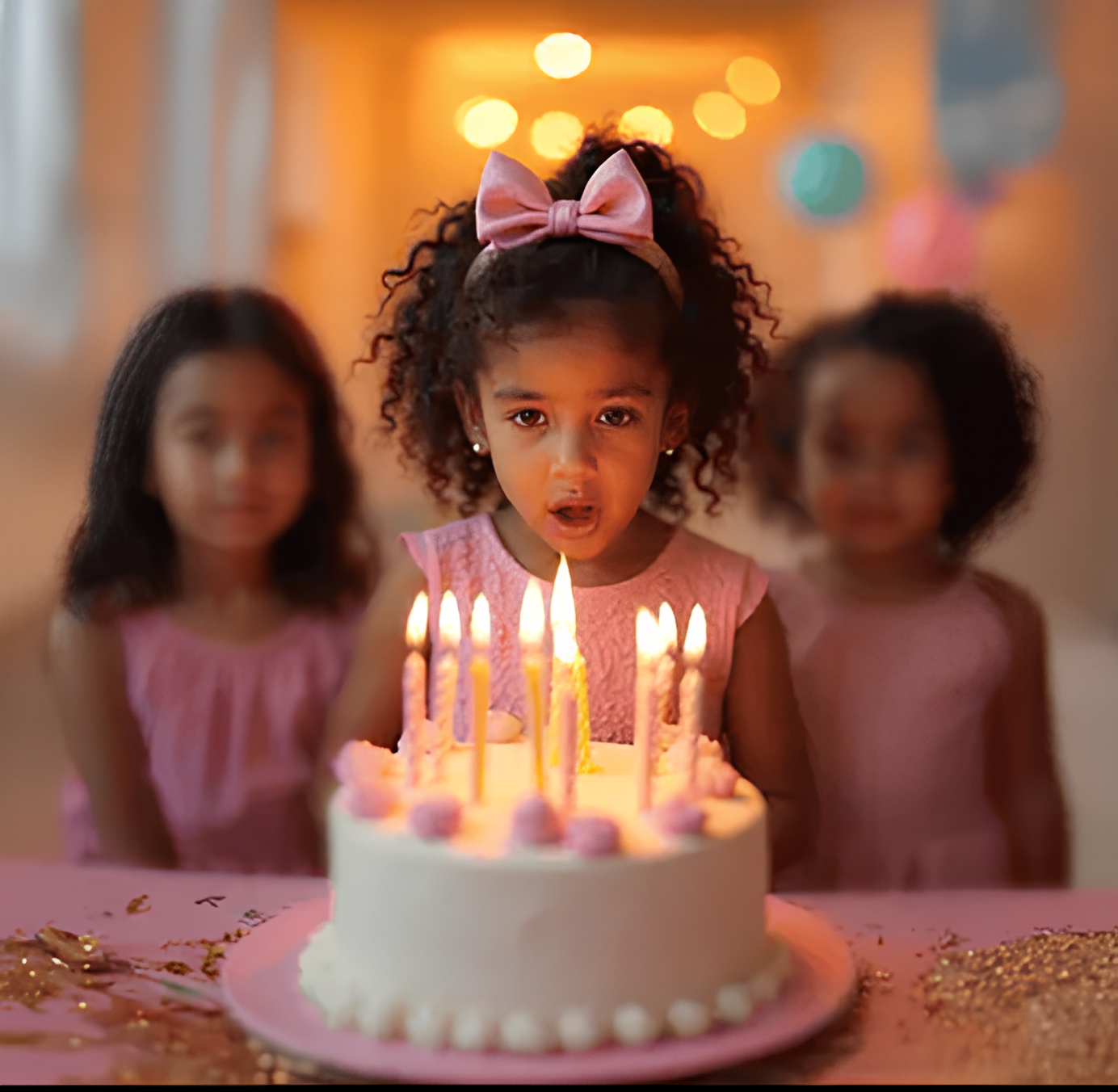 Young girl in a pink dress and bow blowing out candles on a birthday cake with two blurred children in the background.
