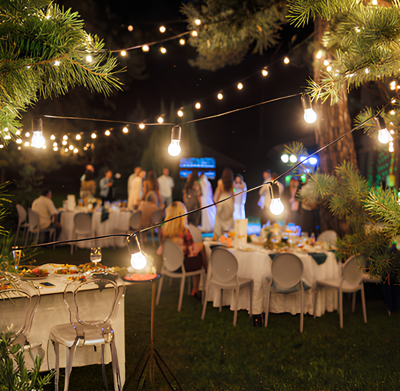 Outdoor nighttime celebration with string lights, tables with white tablecloths, and people mingling in the background.
