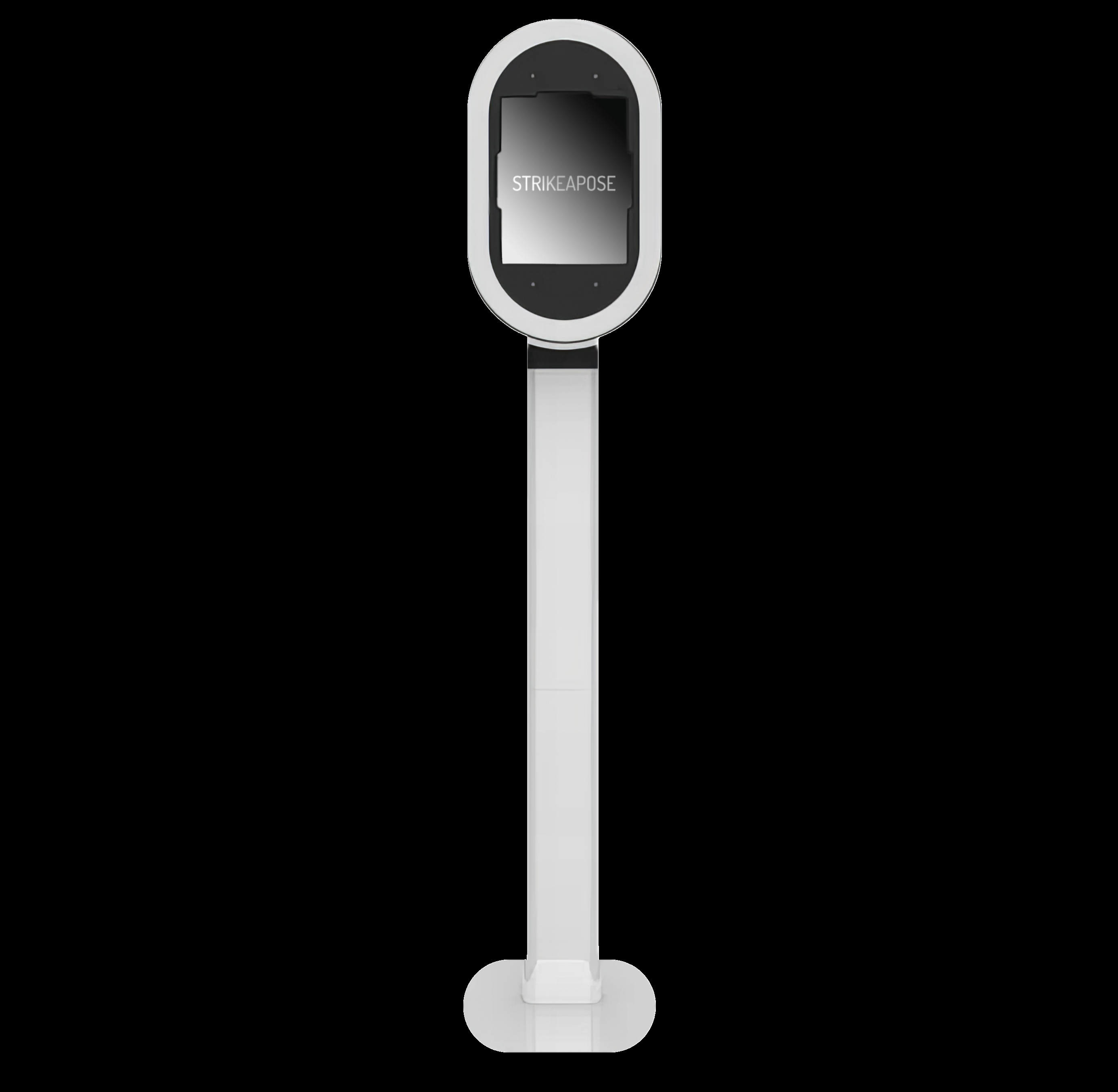 Tall white kiosk with black screen displaying the word STRIKEAPOSE.