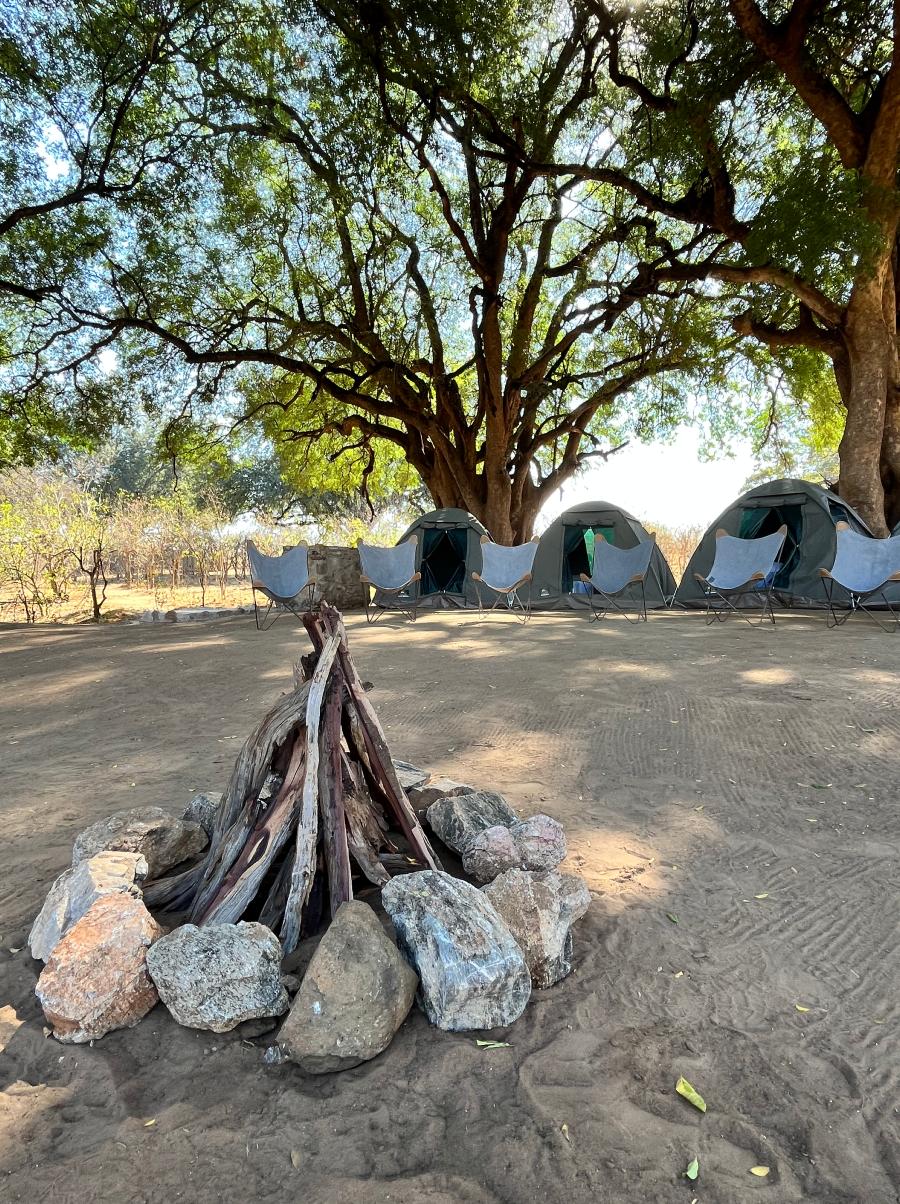 a campfire at the main area at the Central Tuli Game Reserve in Botswana.