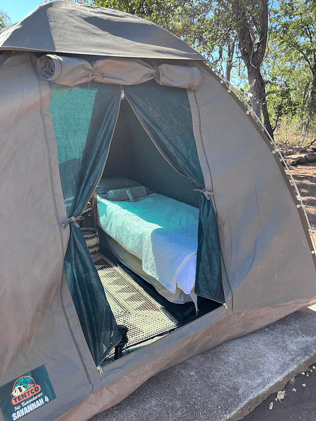 tented volunteer accommodation at the Central Tuli Game Reserve in Botswana.