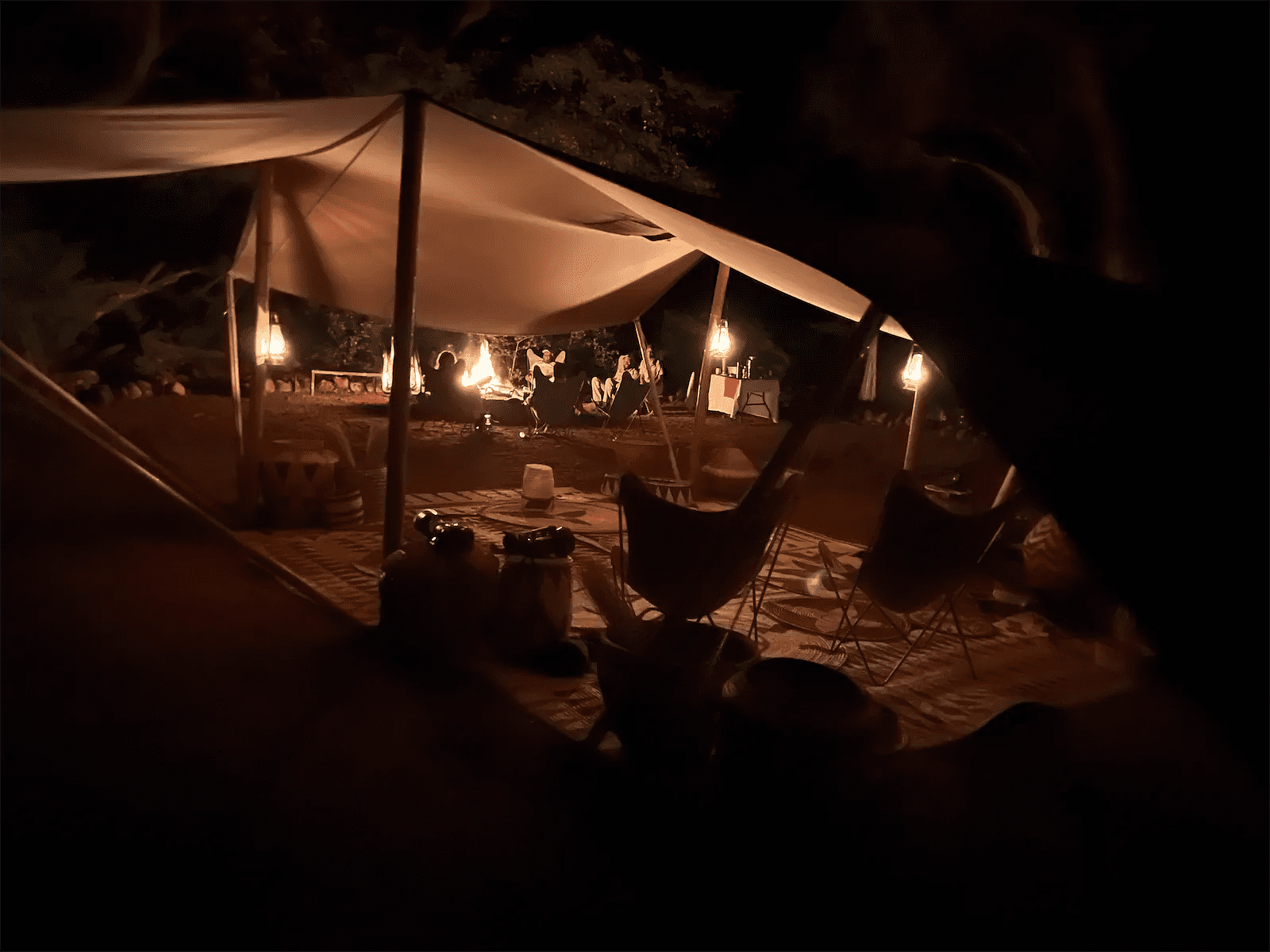 The main volunteer area at night at the Central Tuli Game Reserve in Botswana.