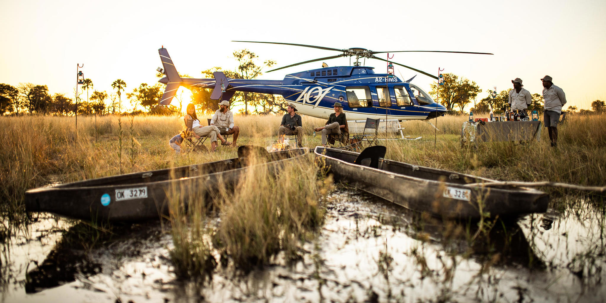Naturskøn helikopterflyvning over Okavango-deltaet på en luksussafari i Botswana.