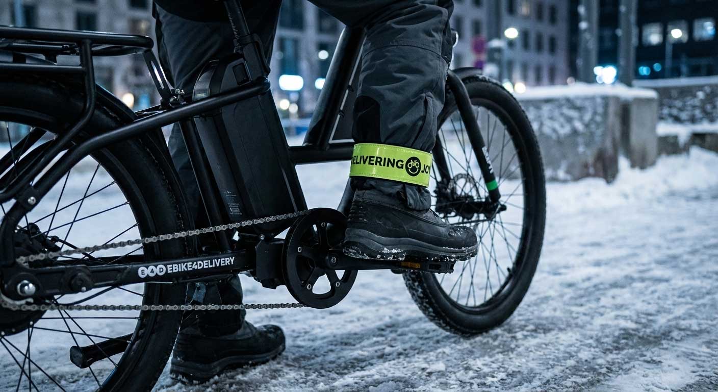 Close-up of a delivery rider pedaling a black cargo e-bike on a snowy city street at night. The focus is on the pedal, crank, and rider’s boot, with a bright green reflective ankle strap reading “Delivering Joy.” Urban buildings and winter pavement appear 