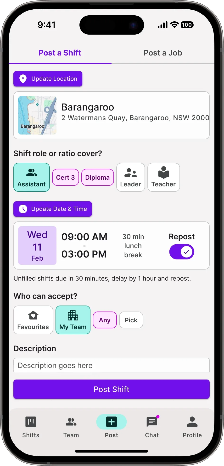 Mobile screen showing a shift posting app with location Barangaroo, NSW, an assistant role selected, shift time from 9 AM to 3 PM on Feb 11, and duties like meal prep, nappies, games, and cleaning.
