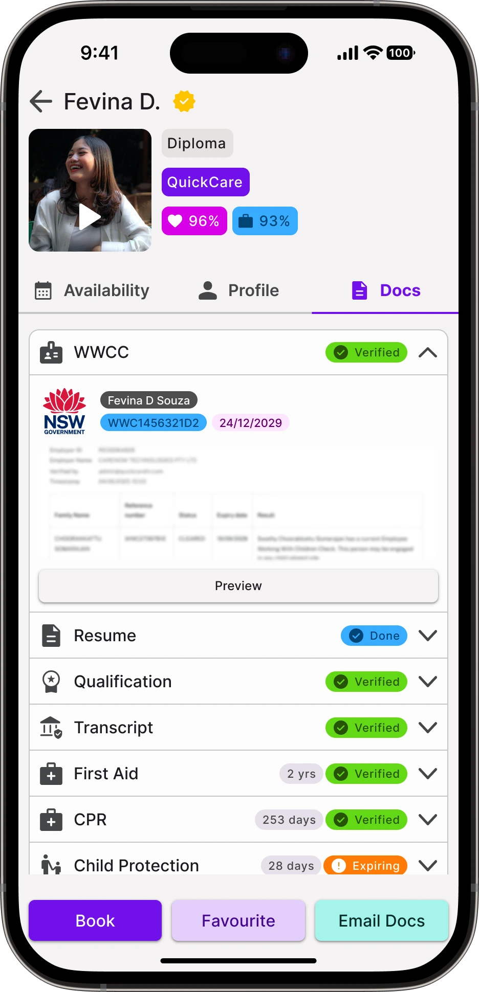 Smartphone screen showing Fevina D.'s profile with verified WWCC, resume done, qualifications, transcript, first aid, CPR verified, and child protection expiring.