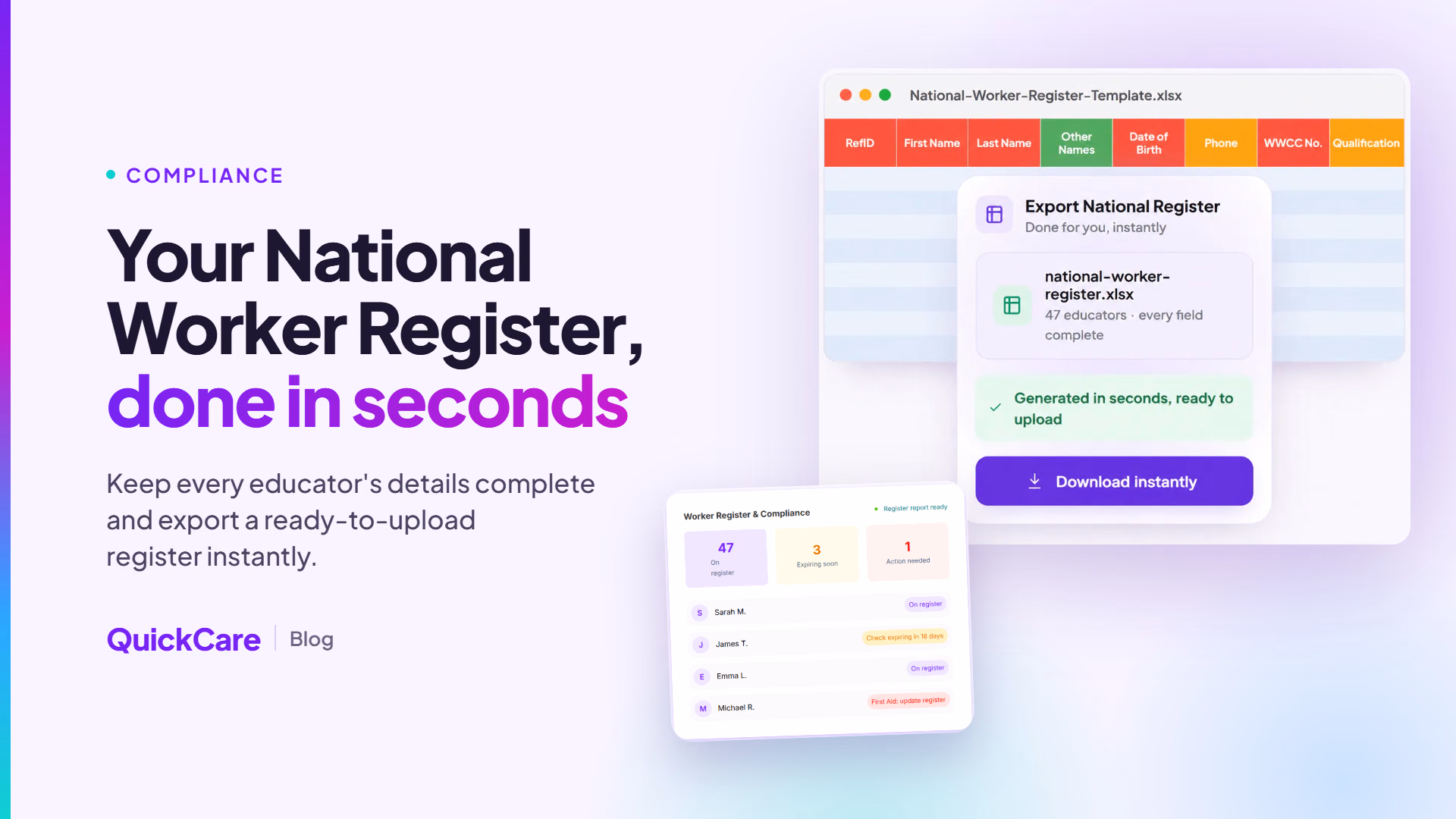 QuickCare compliance dashboard and one-click National Worker Register export, titled “Your National Worker Register, done in seconds”