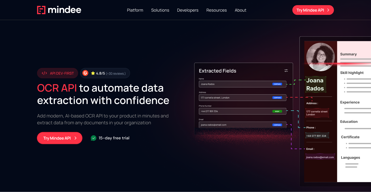 mindee api for data extraction
