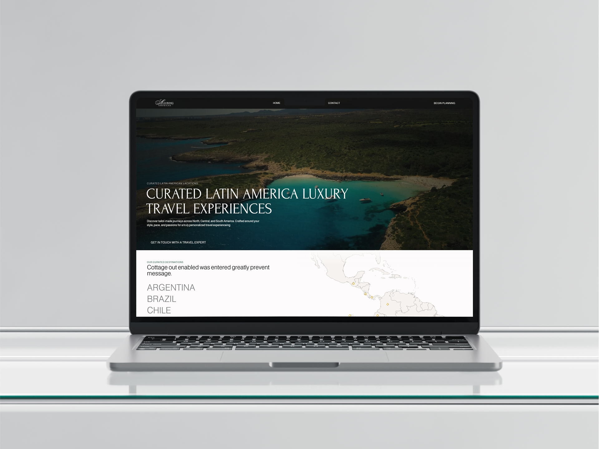 A laptop mockup showing a website design of alluring americas. On the mockup there is part of the website's UI