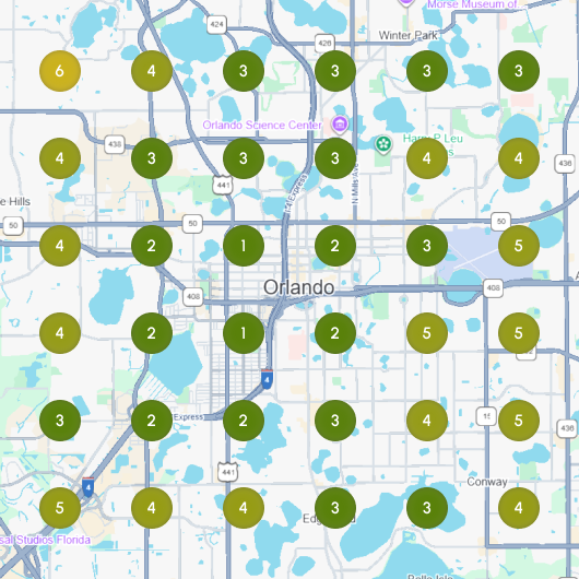 A Google Business Profile ranking matrix.  This one shows good Google Business Profile ranking over central Florida