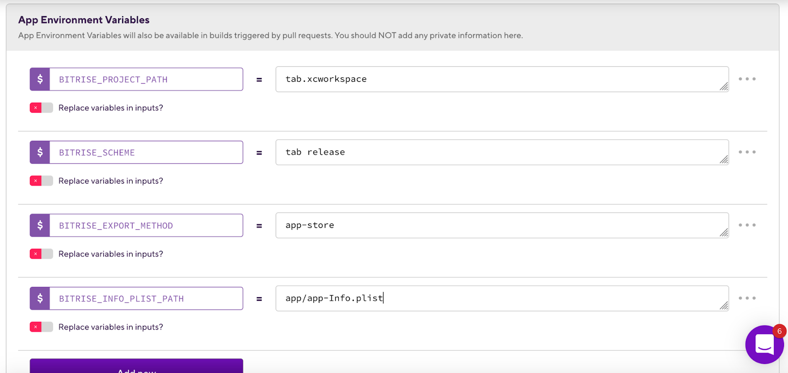 List of app environment variables in Bitrise