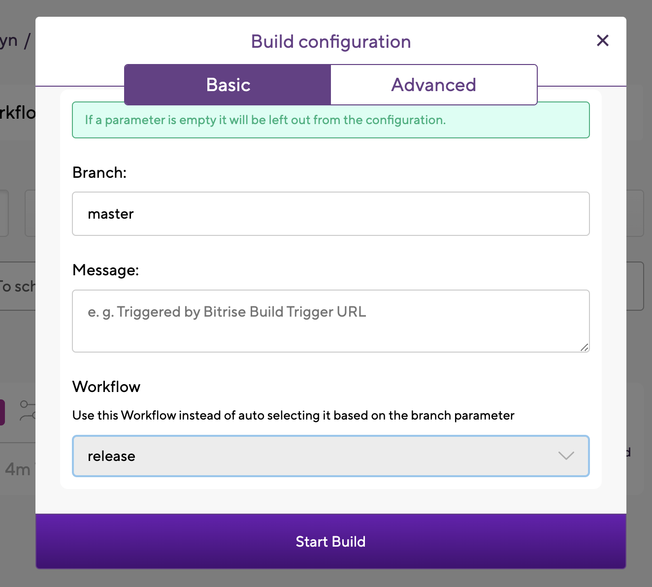 Selecting workflow in build configuration dialog in Bitrise