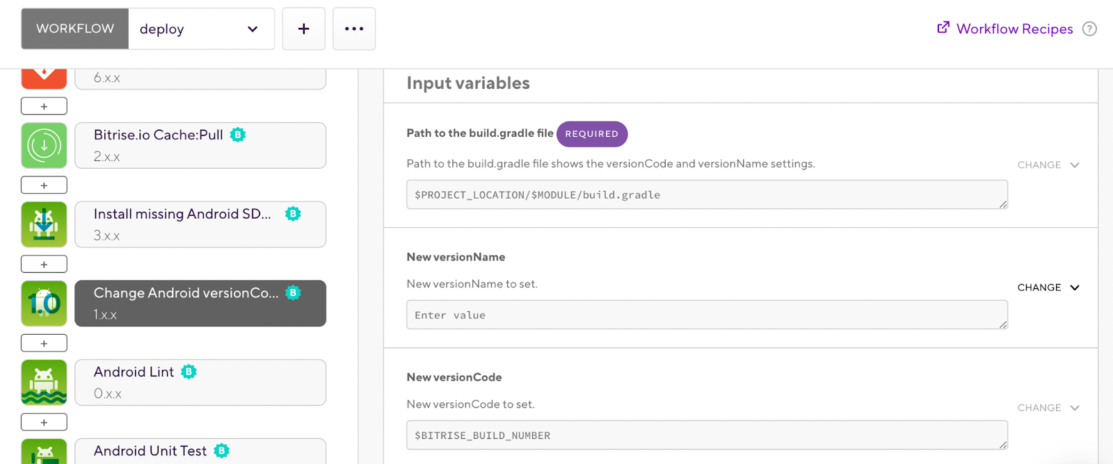 Input variables for 'Change Android verseionCode and versionName' step in Bitrise