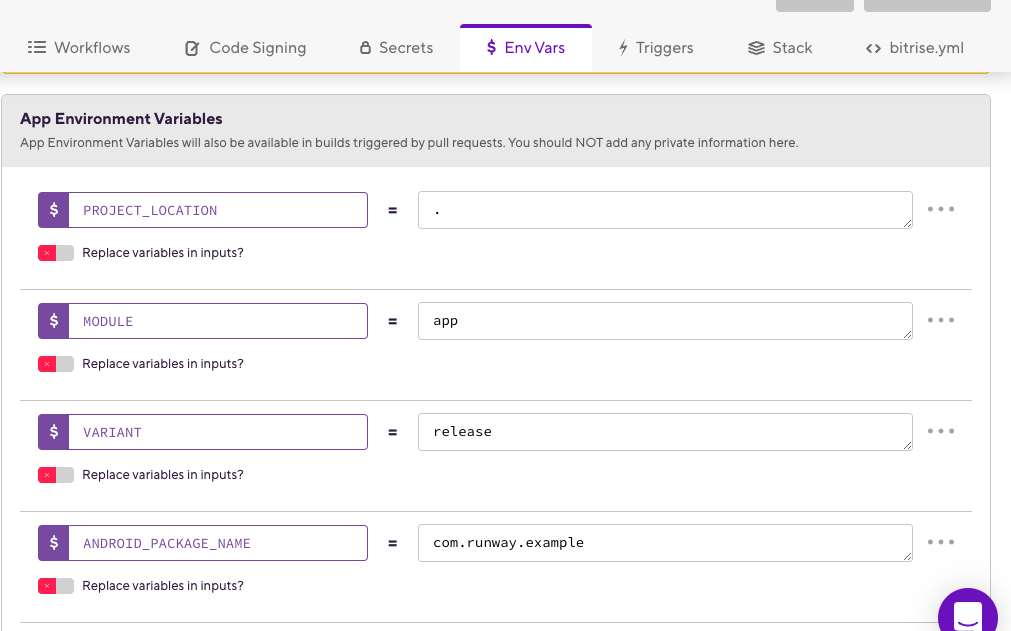 Configuring environment variables in Bitrise