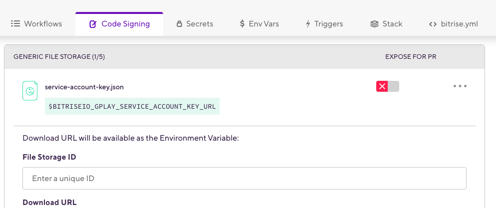 Configuring generic file storage under Code Signing section in Bitrise