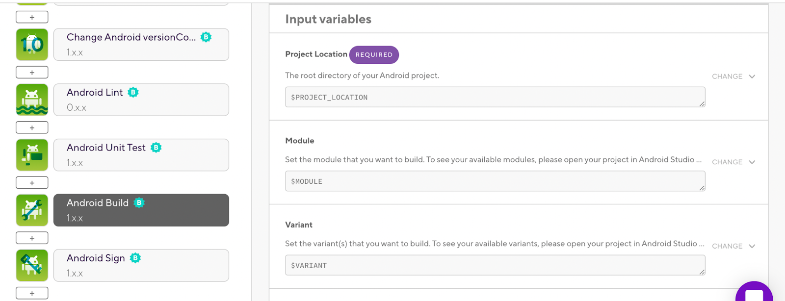 Input variables for 'Android Build' step in Bitrise