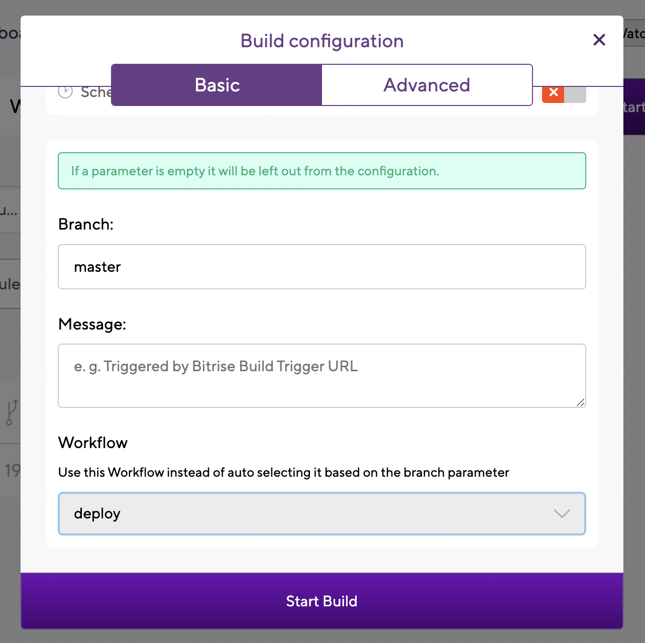 Build configuration for a workflow in Bitrise