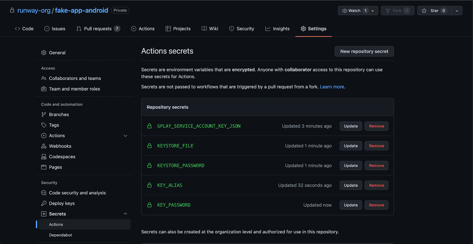 Multiple secrets added successfully in GitHub